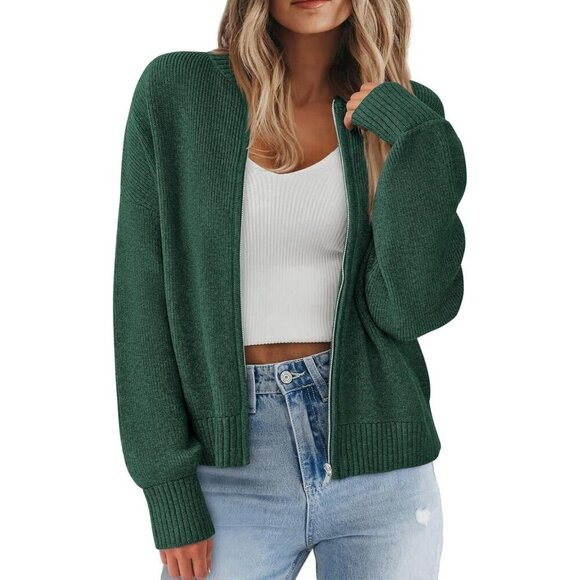 Sweaters - Women's Cropped Cardigan Sweater Knit Zipper Long Sleeve Fall Outerwear